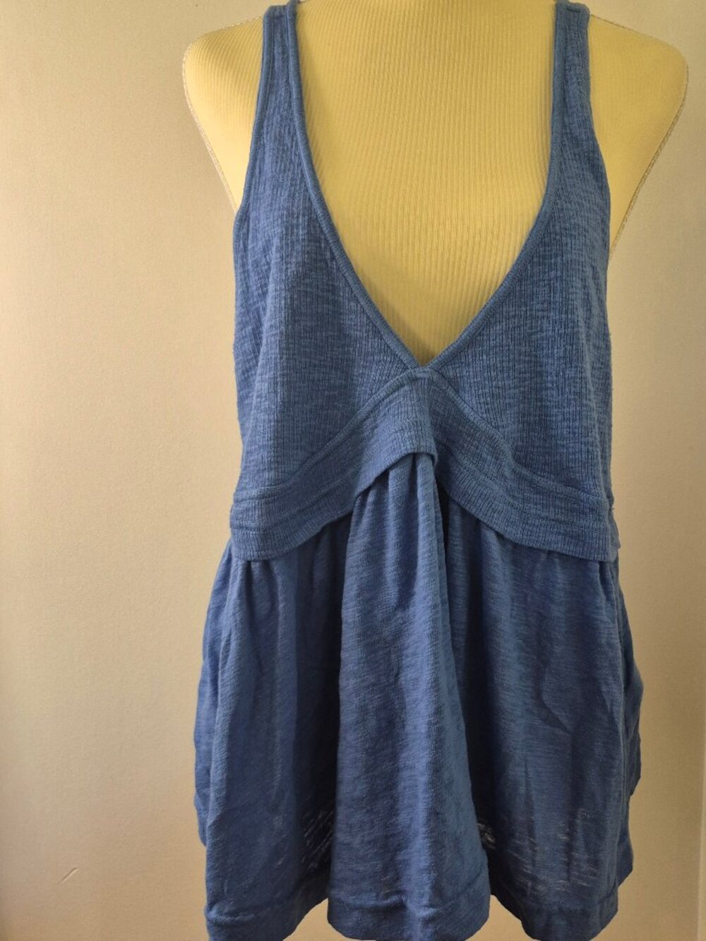 Free People Babydoll Tank Top Empire Waist V-Neck Boho Slub Knit Coastal Summer